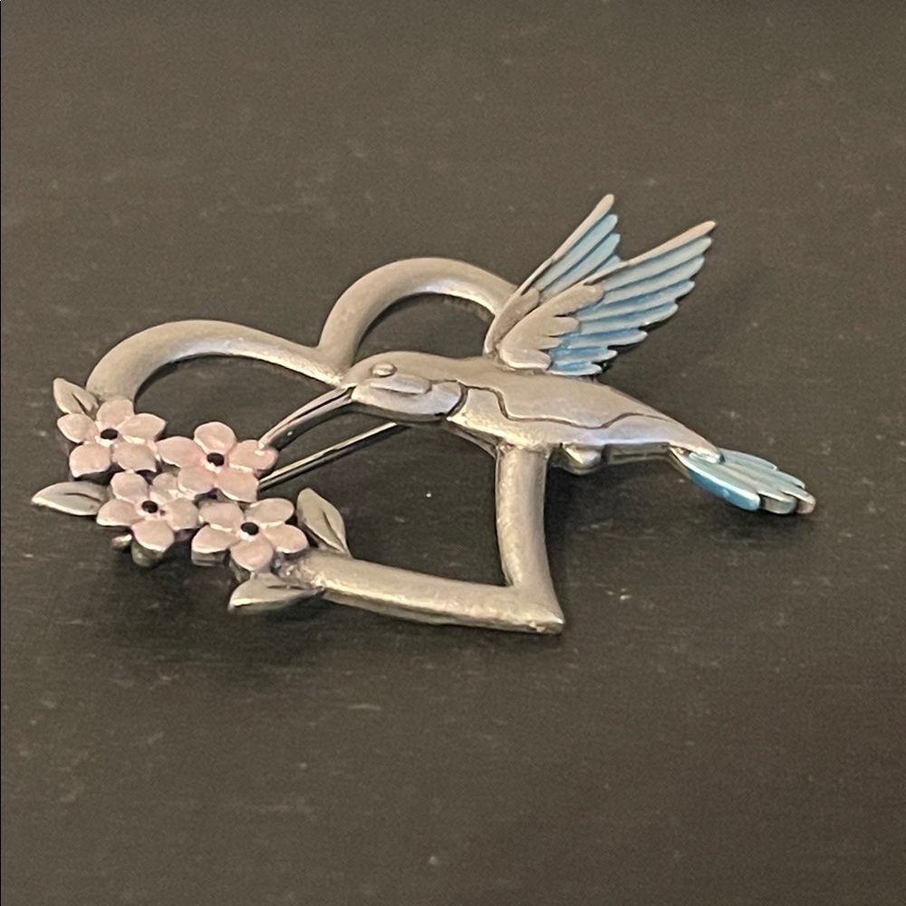 🍄Vintage JJ Jonette Pewter Blue Hummingbird Pink Floral Heart Brooch - Picture 7 of 8